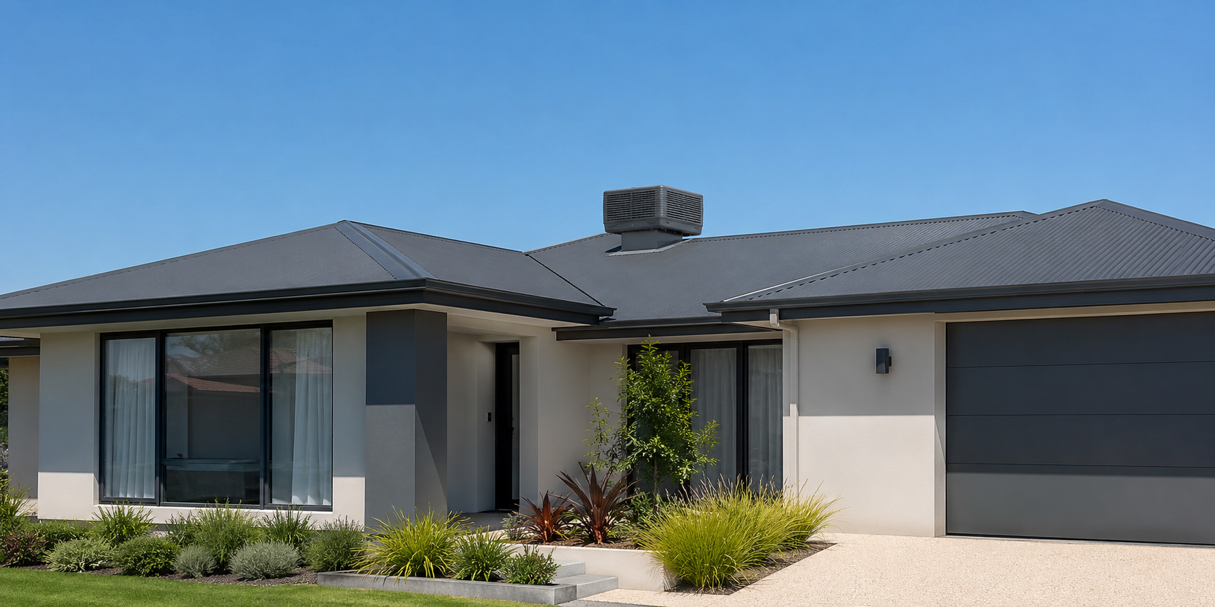 Brand-neutral rooftop evaporative air-conditioning unit on an Australian home