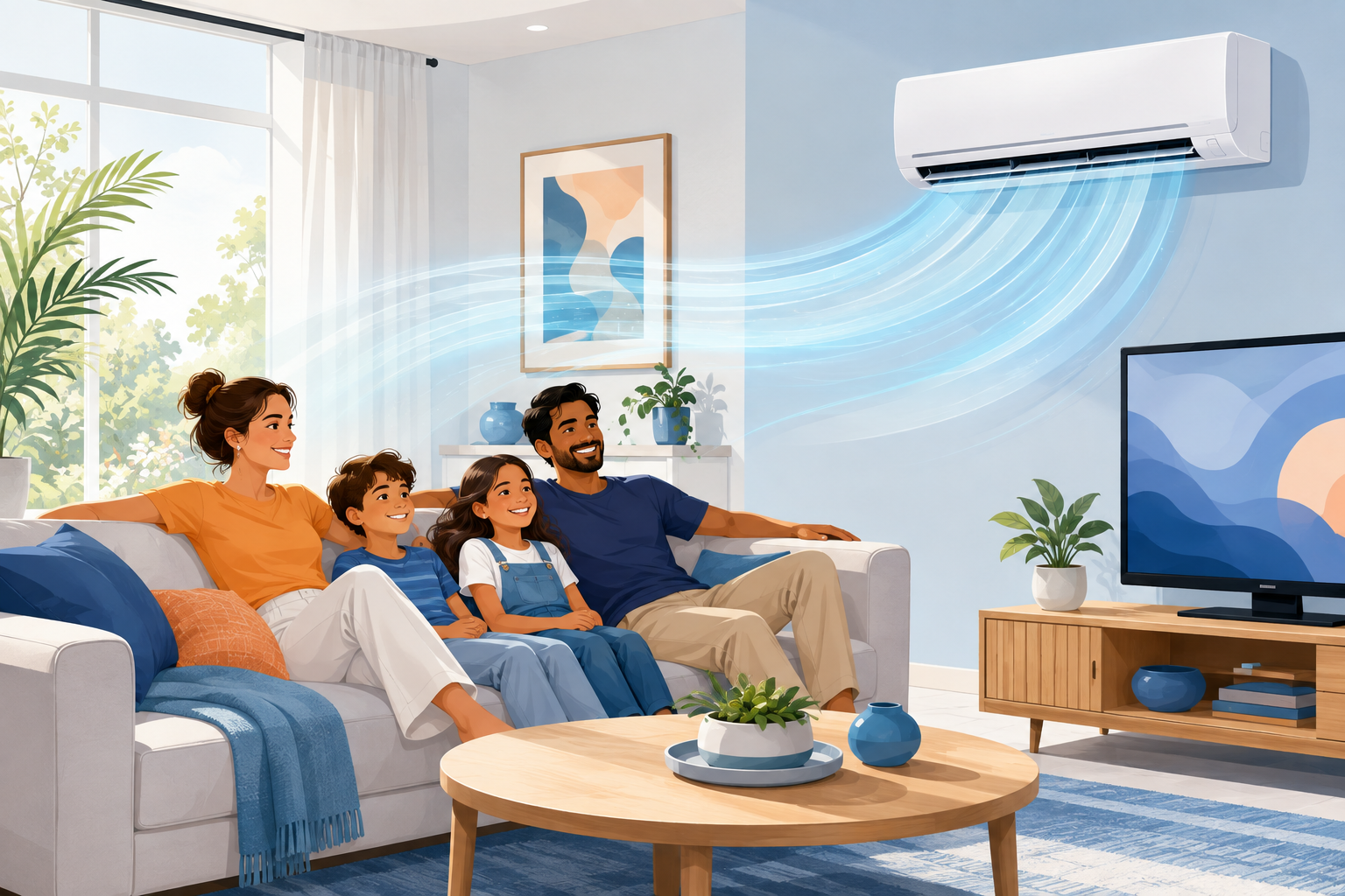 Happy family relaxing together in a comfortably air-conditioned living room