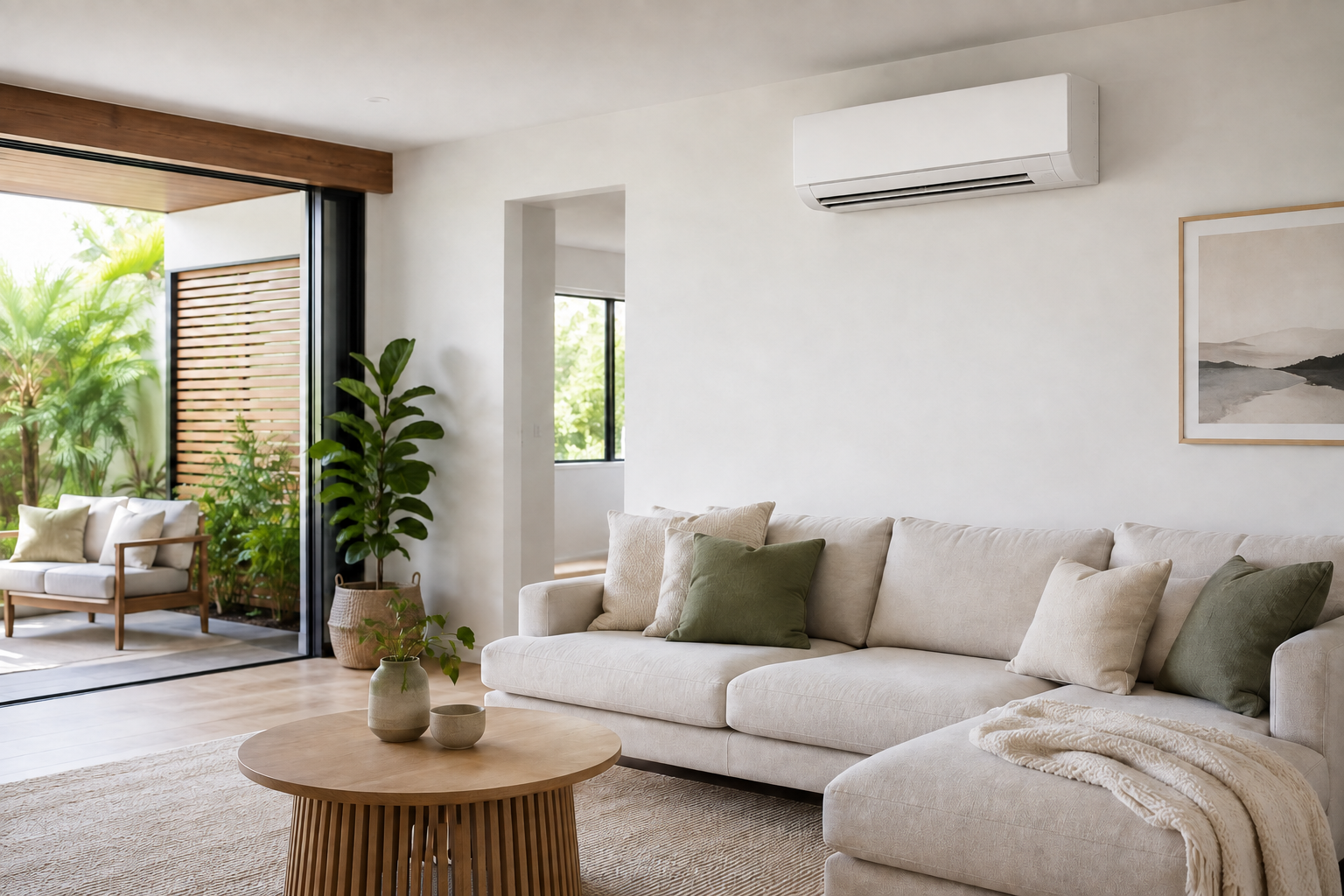 Brand-neutral wall-mounted split-system air conditioner in a modern home